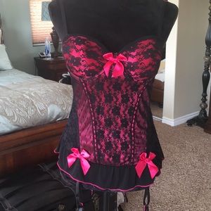 Hot Pink and Black Lace Corset Teddy 36B